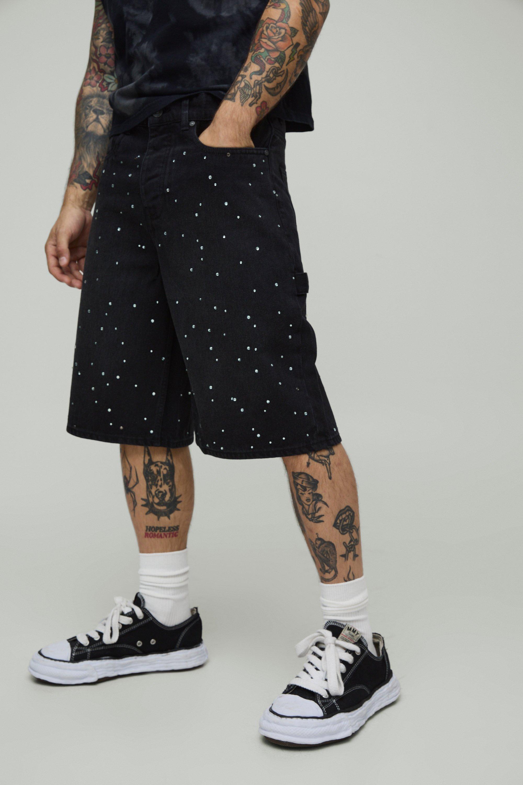 All Over Rhinestone Overdye Jorts | boohooMAN USA